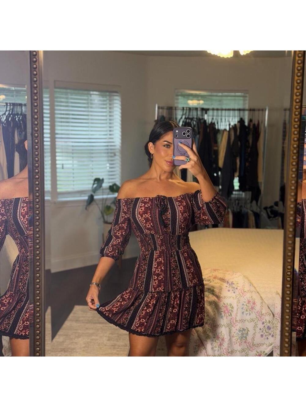 100% Rayon Boho Off Shoulder Floral Mini Dress Festival Cottagecore Size S